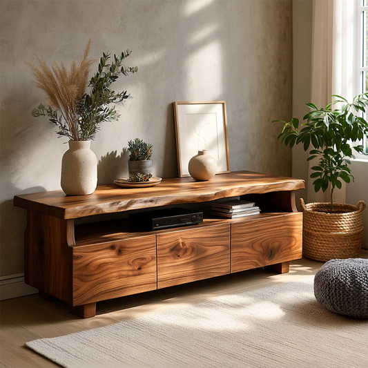 Live edge solid wood TV stand with storage drawers styled in a warm modern living room interior