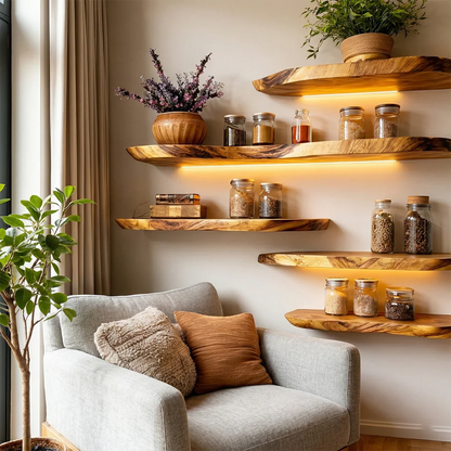 Live Edge Wall Floating Shelves Solid Wood Mounted Display Storage - ArborisWood - 3