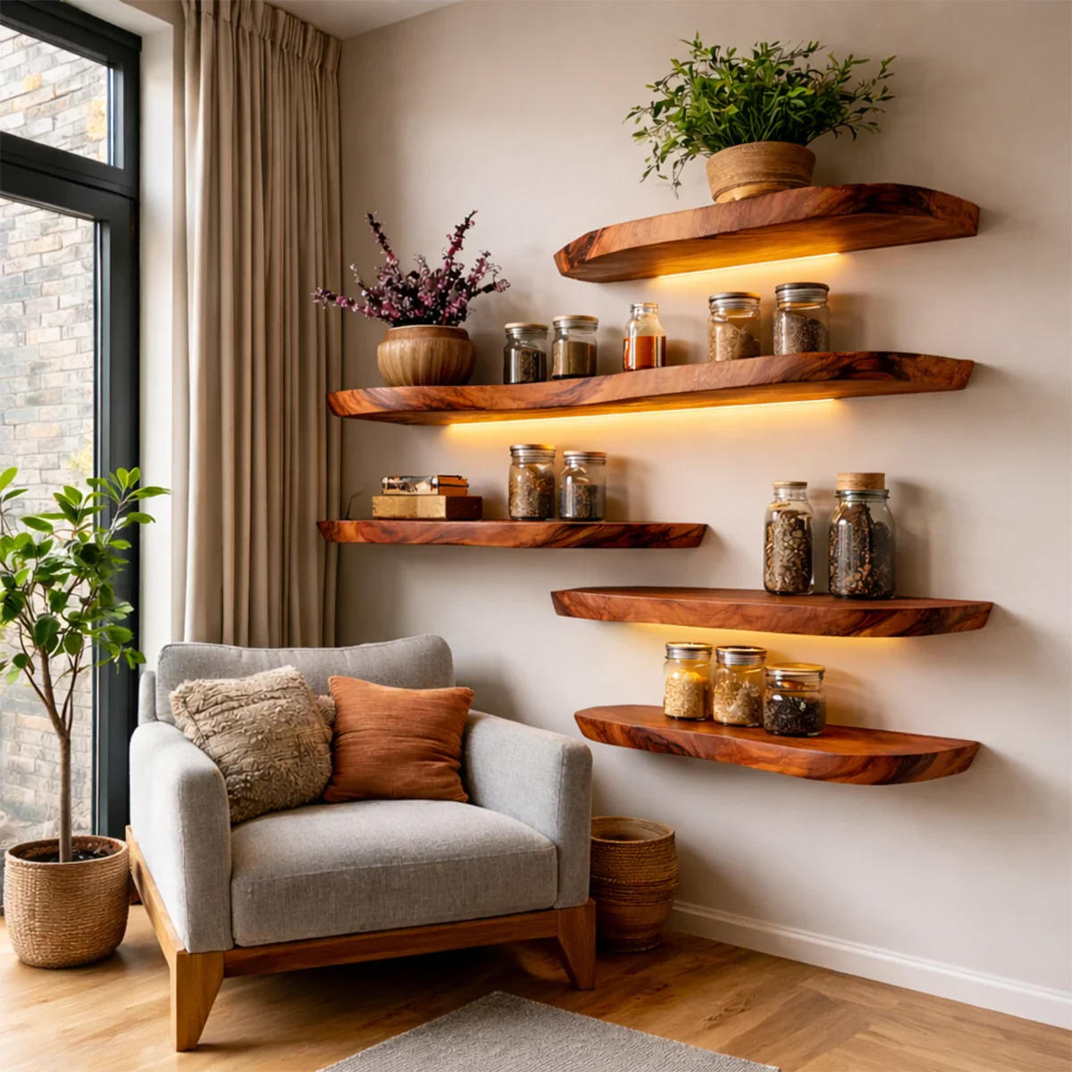 Live Edge Wall Floating Shelves Solid Wood Mounted Display Storage - ArborisWood - 5
