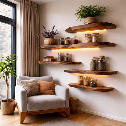 Live Edge Wall Floating Shelves Solid Wood Mounted Display Storage - ArborisWood - 6
