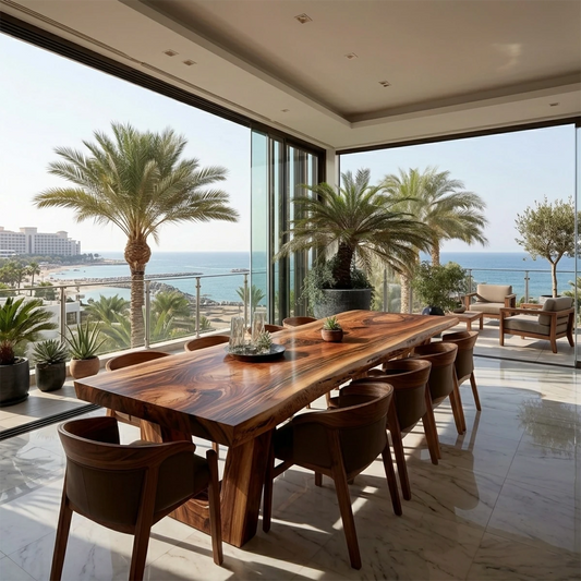Live edge wood dining table with natural grain, modern coastal home interior with ocean view