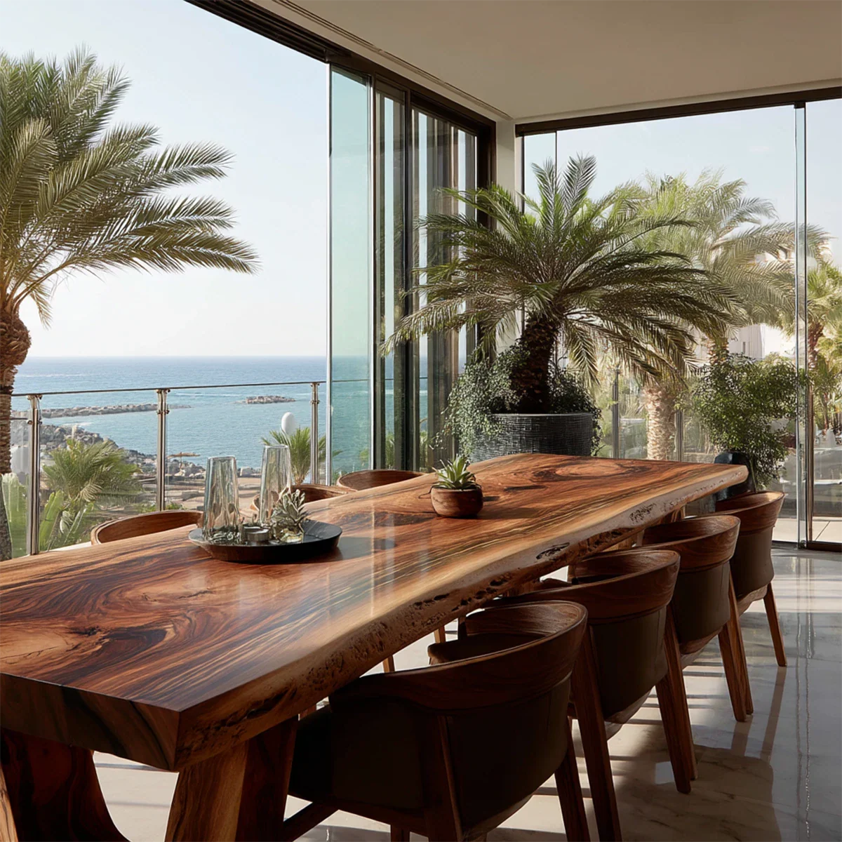 Luxury wooden dining table with sculptural base, ideal for modern open concept dining space