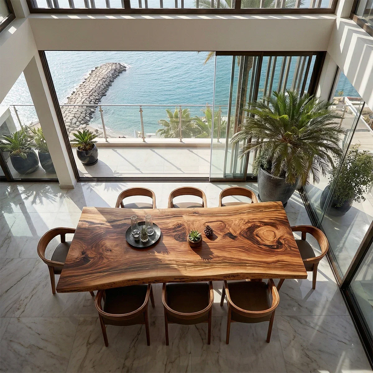 Minimalist dining table in solid wood, warm tones enhancing elegant coastal home atmosphere