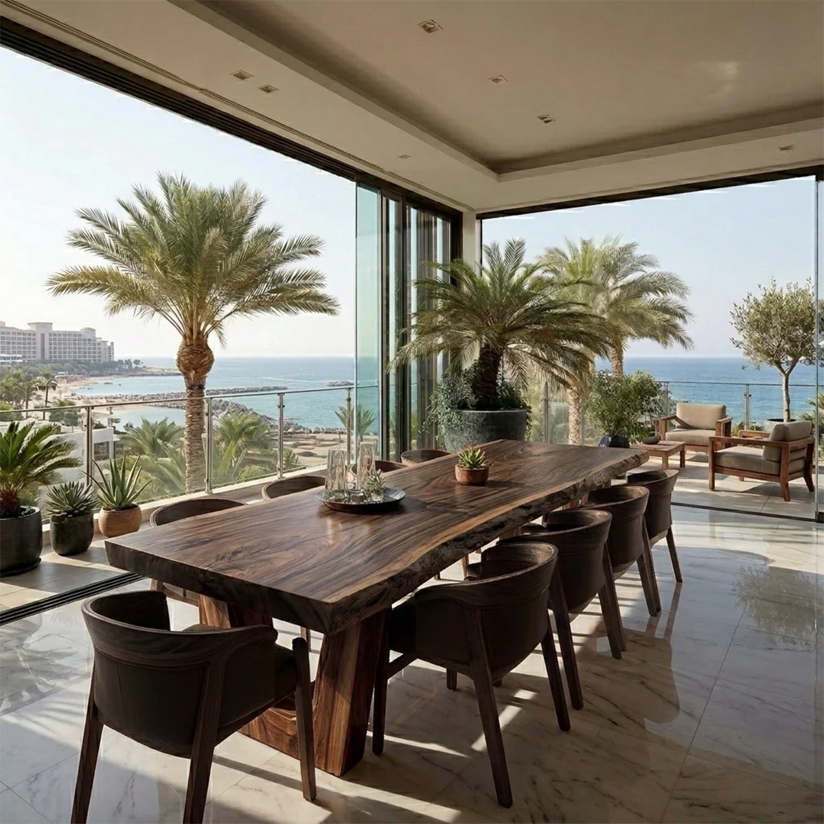 High-end dining table with natural wood texture, designed for upscale modern living interiors