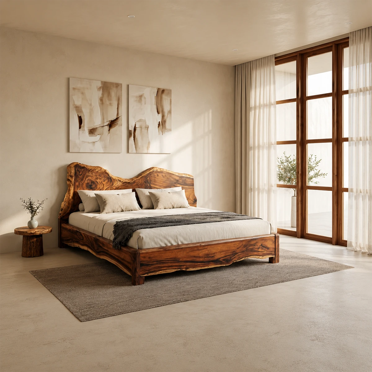 Live Edge Wooden Bed Frame in Natural Solid Wood With Organic Headboard - ArborisWood - 2