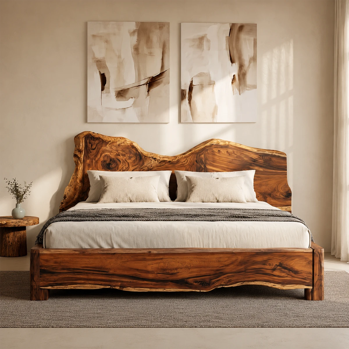 Live Edge Wooden Bed Frame in Natural Solid Wood With Organic Headboard - ArborisWood - 3