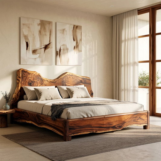 Live Edge Wooden Bed Frame in Natural Solid Wood With Organic Headboard - ArborisWood