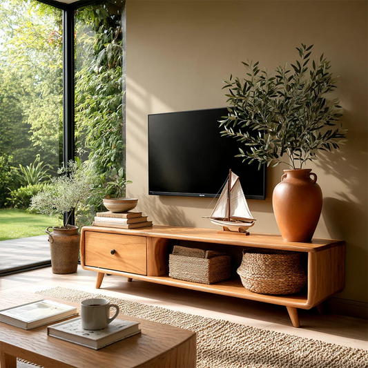 Bright living room with low TV unit featuring open storage and light natural wood finish