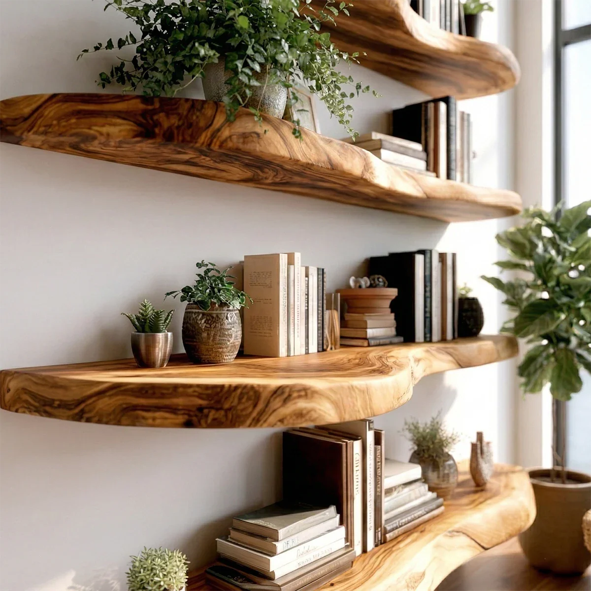 Minimalist floating shelves featuring elongated live edge form and polished oak tone finish