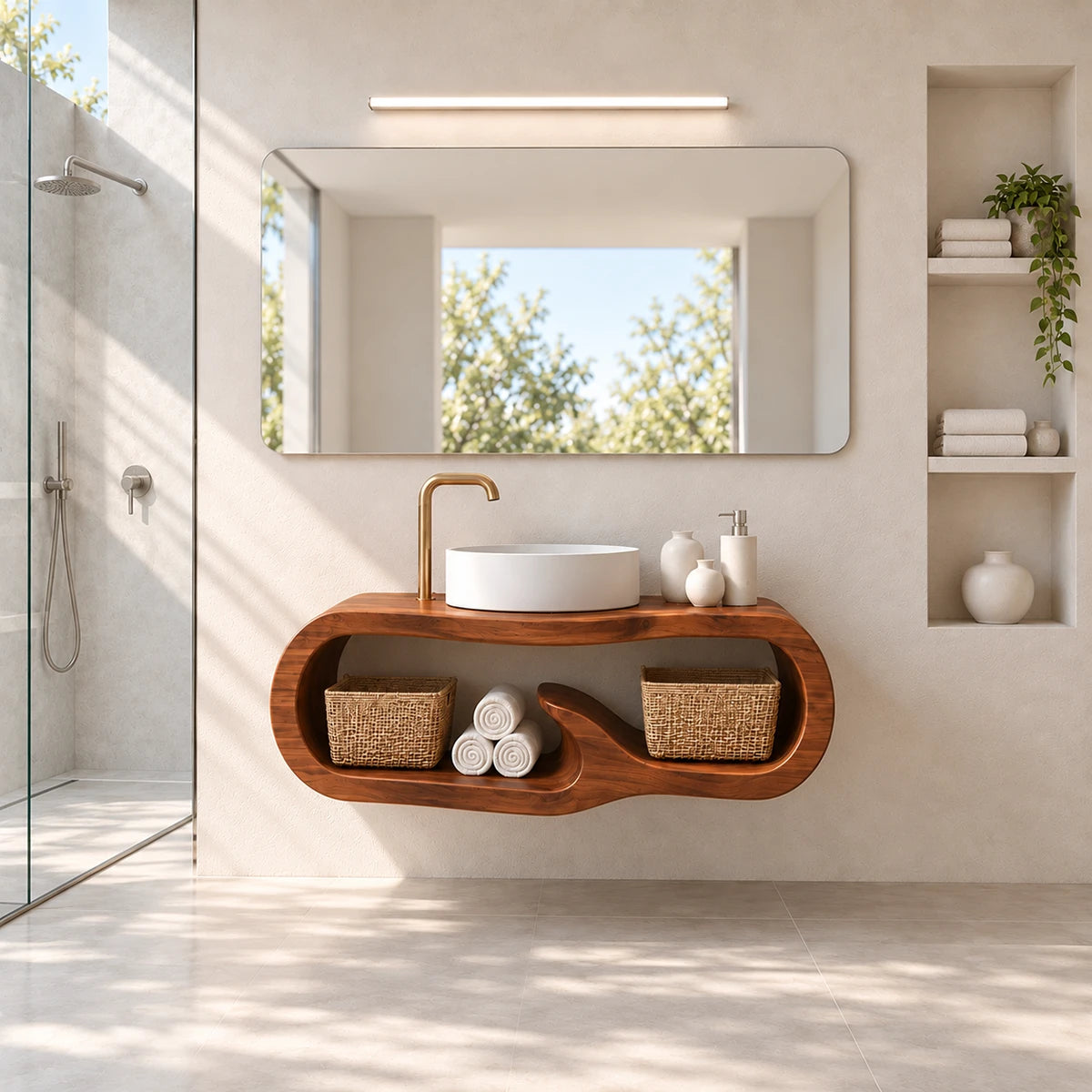 Refined bathroom vanity in natural solid wood with rounded ends and open display