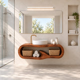 Elegant bath sink vanity in natural solid wood with sculpted shelf and vessel basin