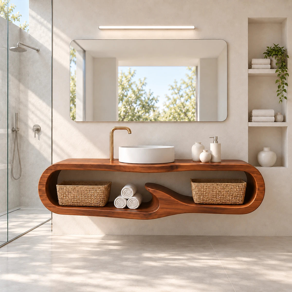 Open storage vanity in natural solid wood with modern vessel sink and soft curves