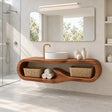 Floating bathroom vanity in natural solid wood with vessel sink and sculptural shelf