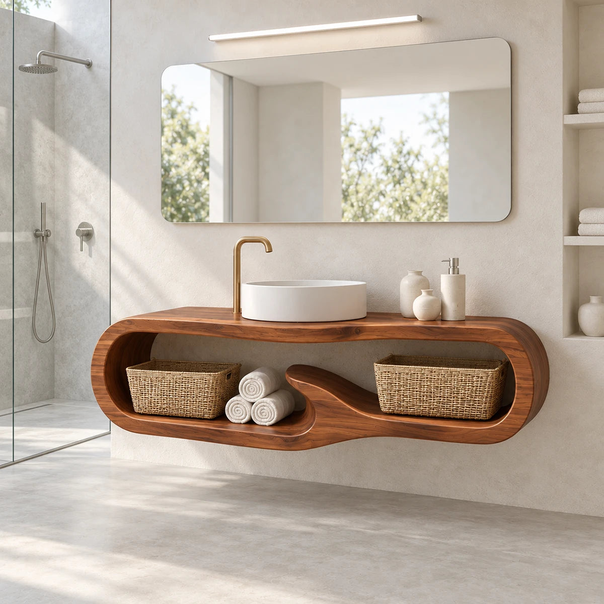 Floating bathroom vanity in natural solid wood with vessel sink and sculptural shelf