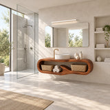 Modern wall mounted vanity in natural solid wood with open storage and round basin