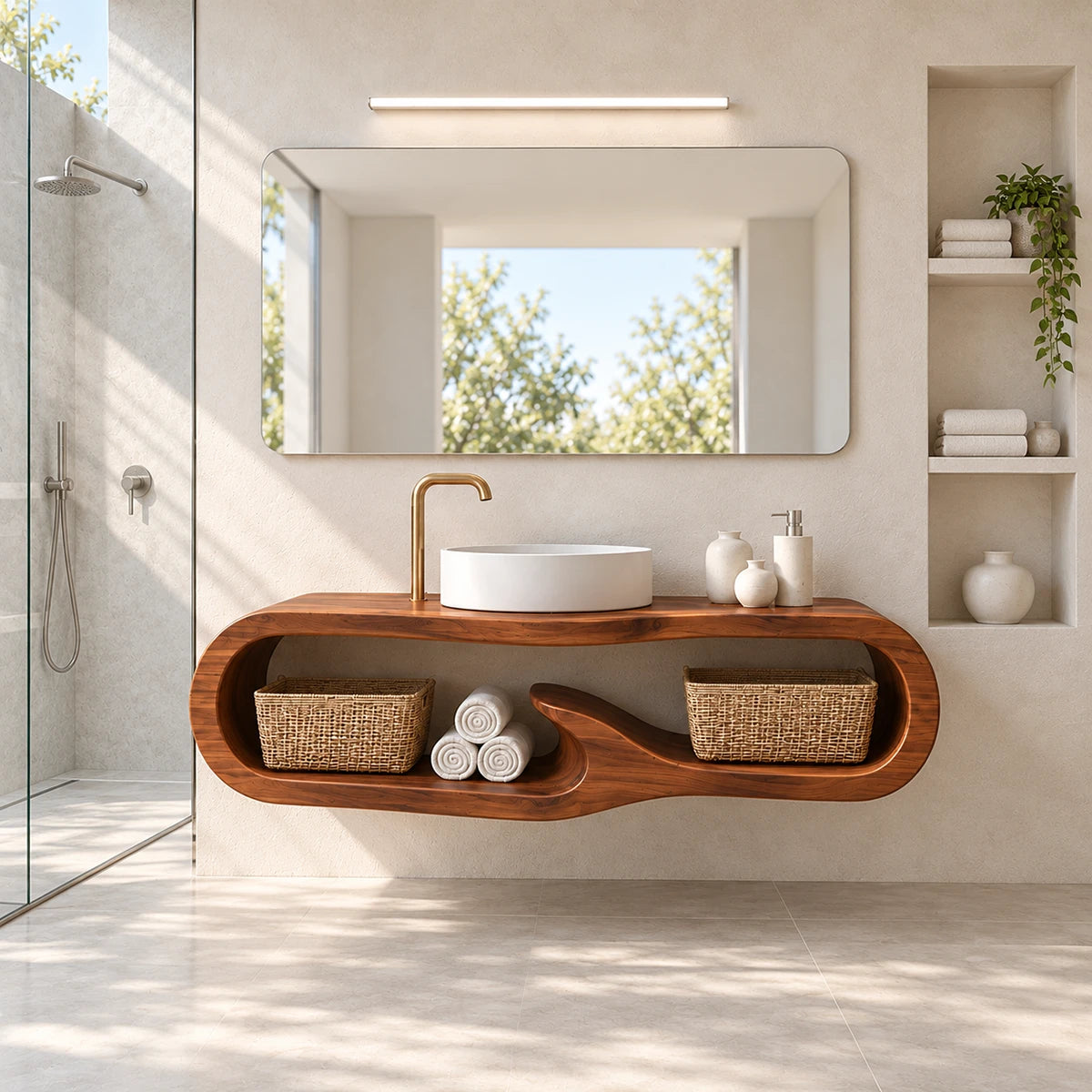 Single sink bathroom vanity in natural solid wood with curved open shelf styling