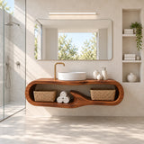 Single sink bathroom vanity in natural solid wood with curved open shelf styling