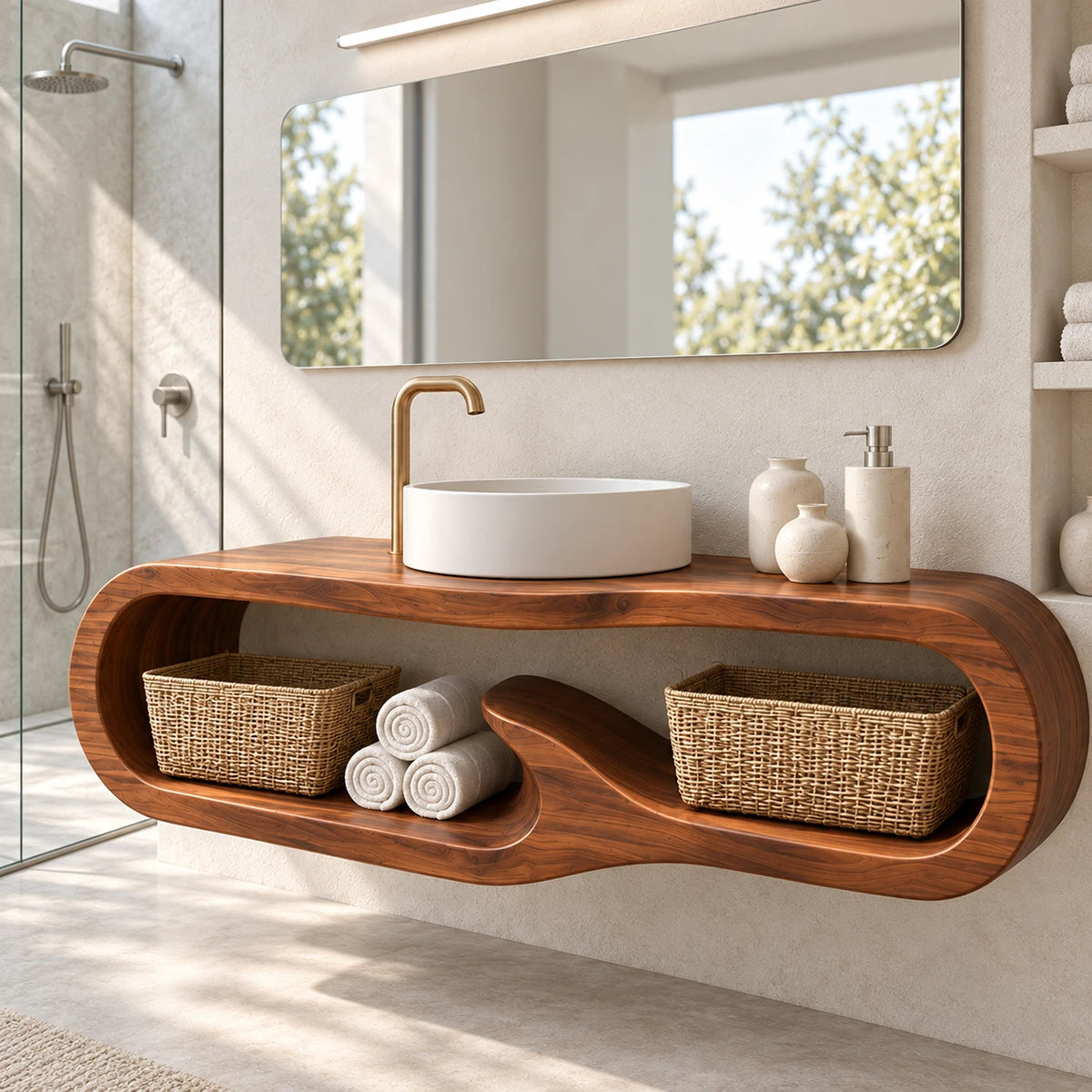 Sculptural bath vanity in natural solid wood with loop frame and shelf storage below