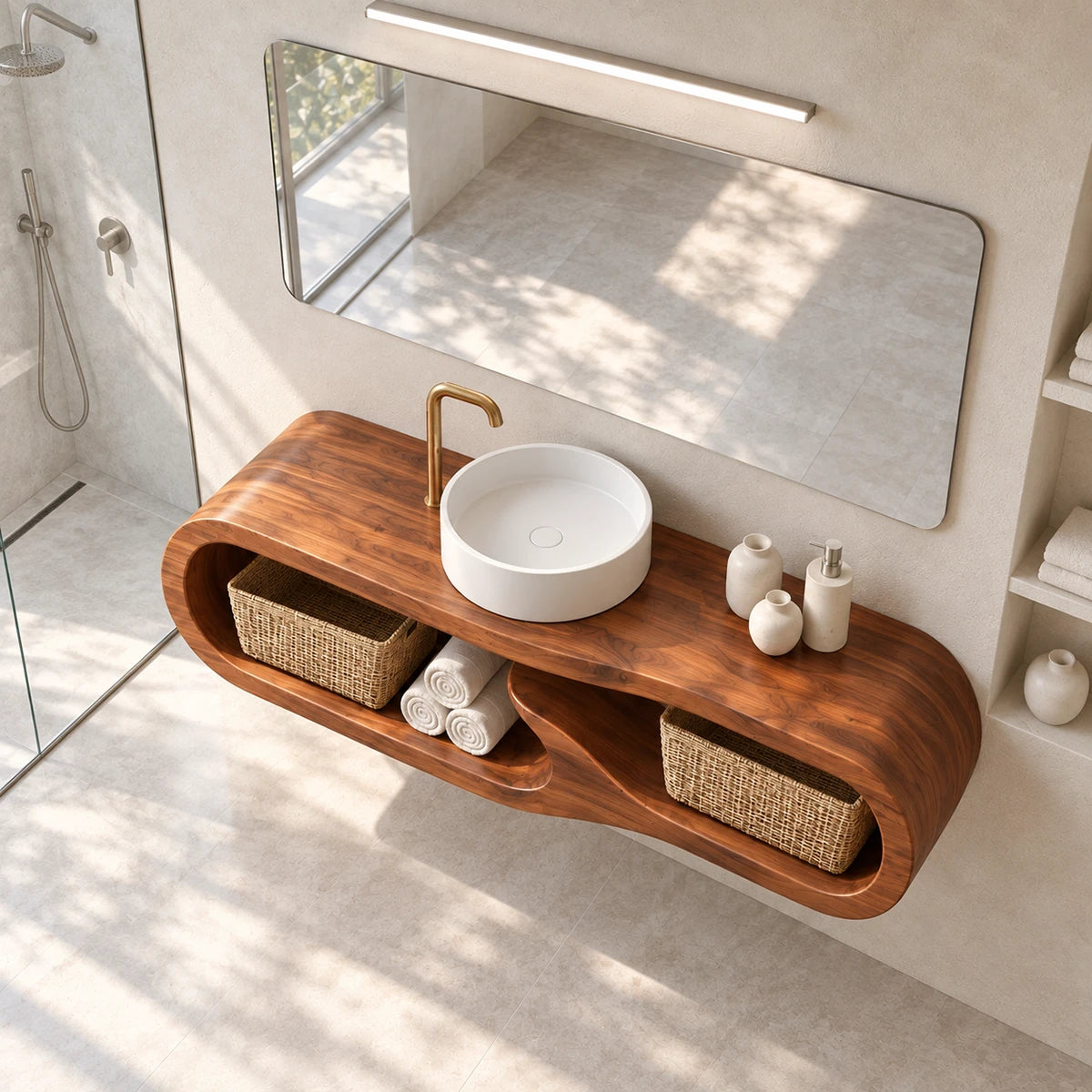 Contemporary vanity console in natural solid wood with vessel basin and basket storage