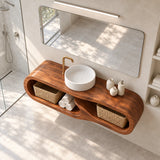 Contemporary vanity console in natural solid wood with vessel basin and basket storage