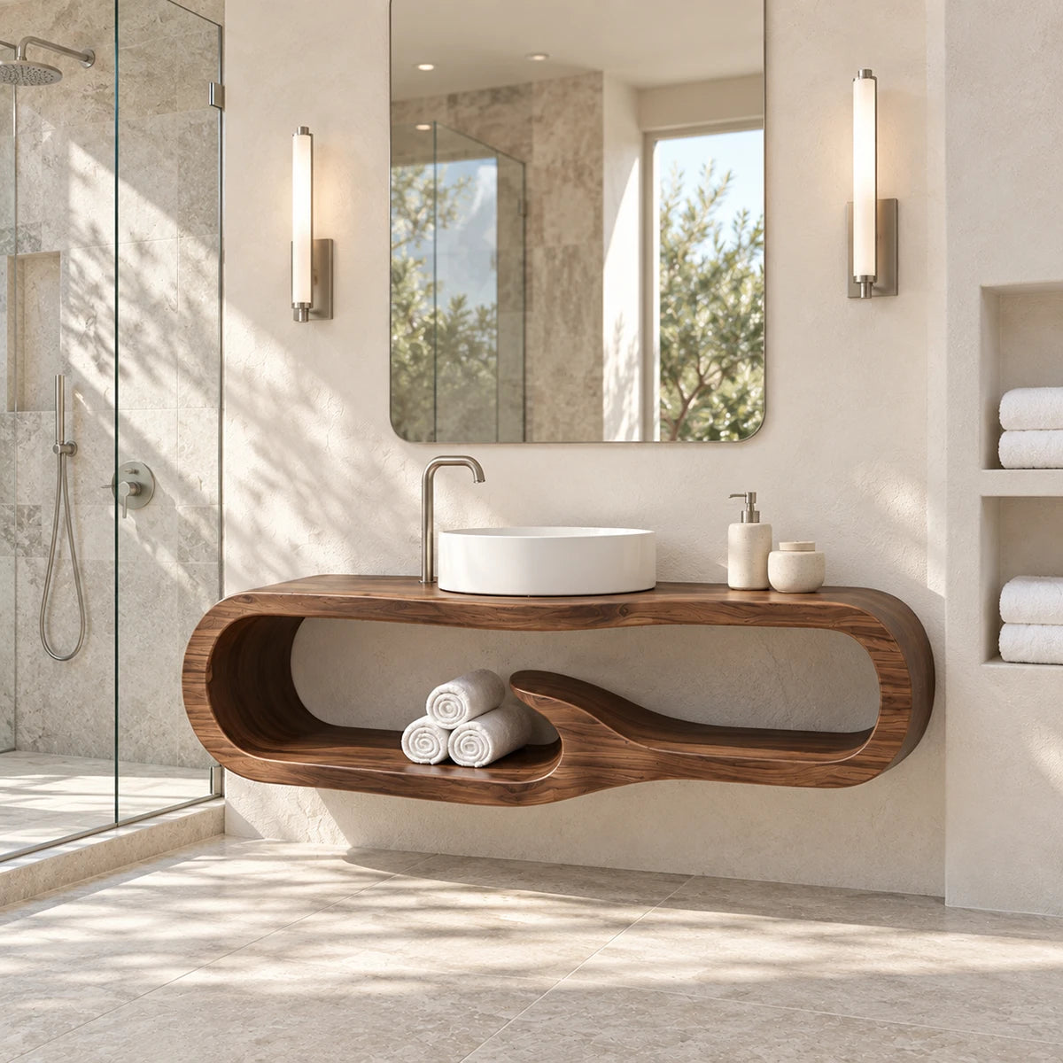 Organic bathroom vanity in natural solid wood with asymmetrical open shelf form detail