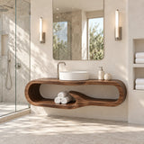Organic bathroom vanity in natural solid wood with asymmetrical open shelf form detail
