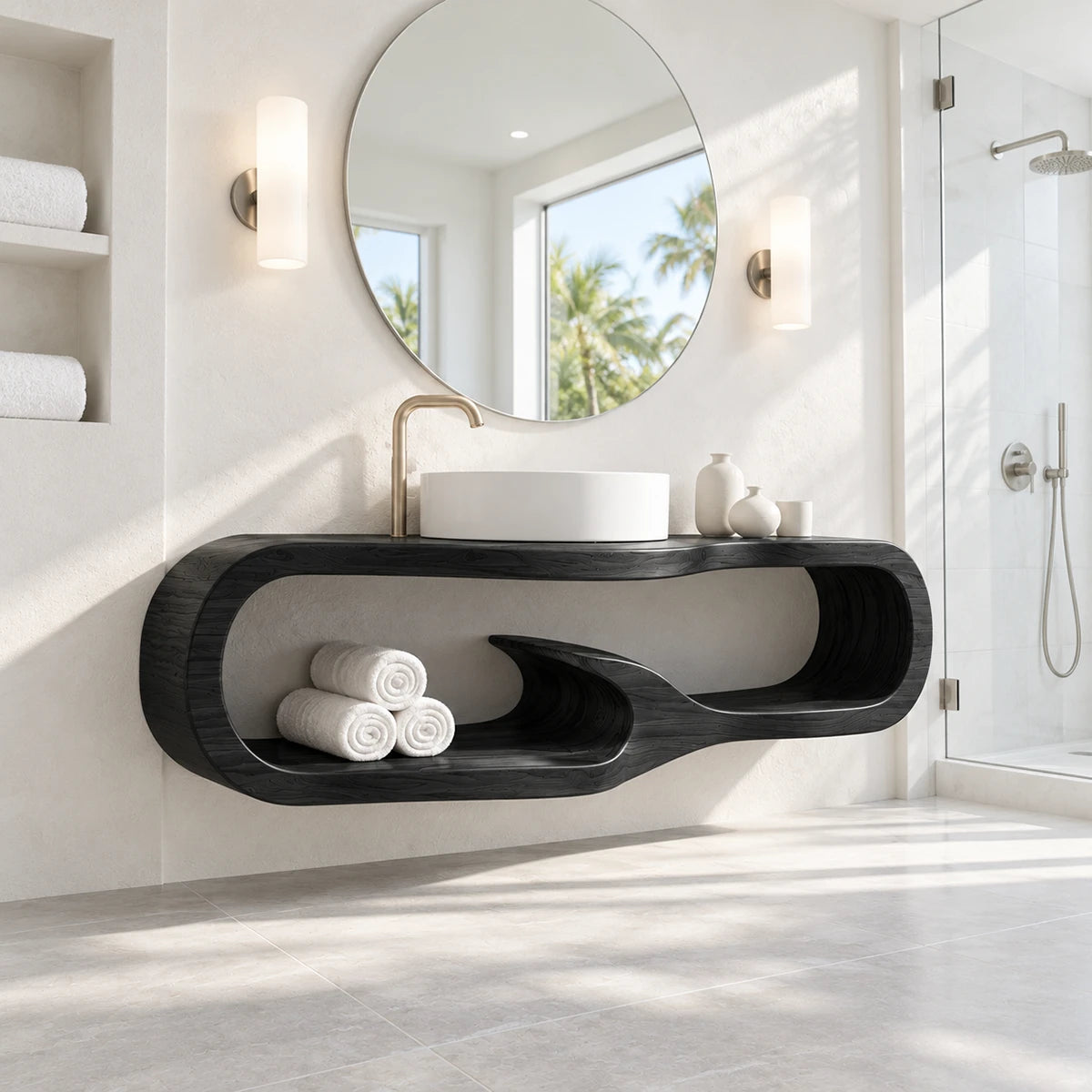 Designer bathroom vanity in natural solid wood with open cubbies and vessel sink