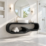 Designer bathroom vanity in natural solid wood with open cubbies and vessel sink