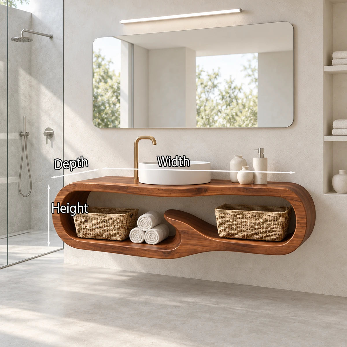 Space saving floating vanity in natural solid wood with integrated shelf storage