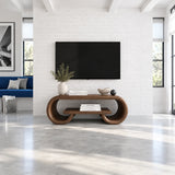 Architectural TV unit in solid wood with looped sides and open shelf space below
