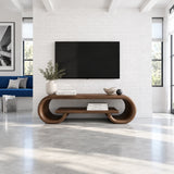 Living room media console in solid wood with curved framing and display shelving
