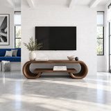 Sculptural TV stand in solid wood with rounded ends and a floating center shelf design
