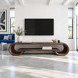 Solid wood TV stand with sculptural loop ends and a spacious lower display shelf
