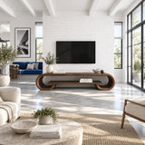 Modern media console in solid wood with rounded sides and an open center shelf below
