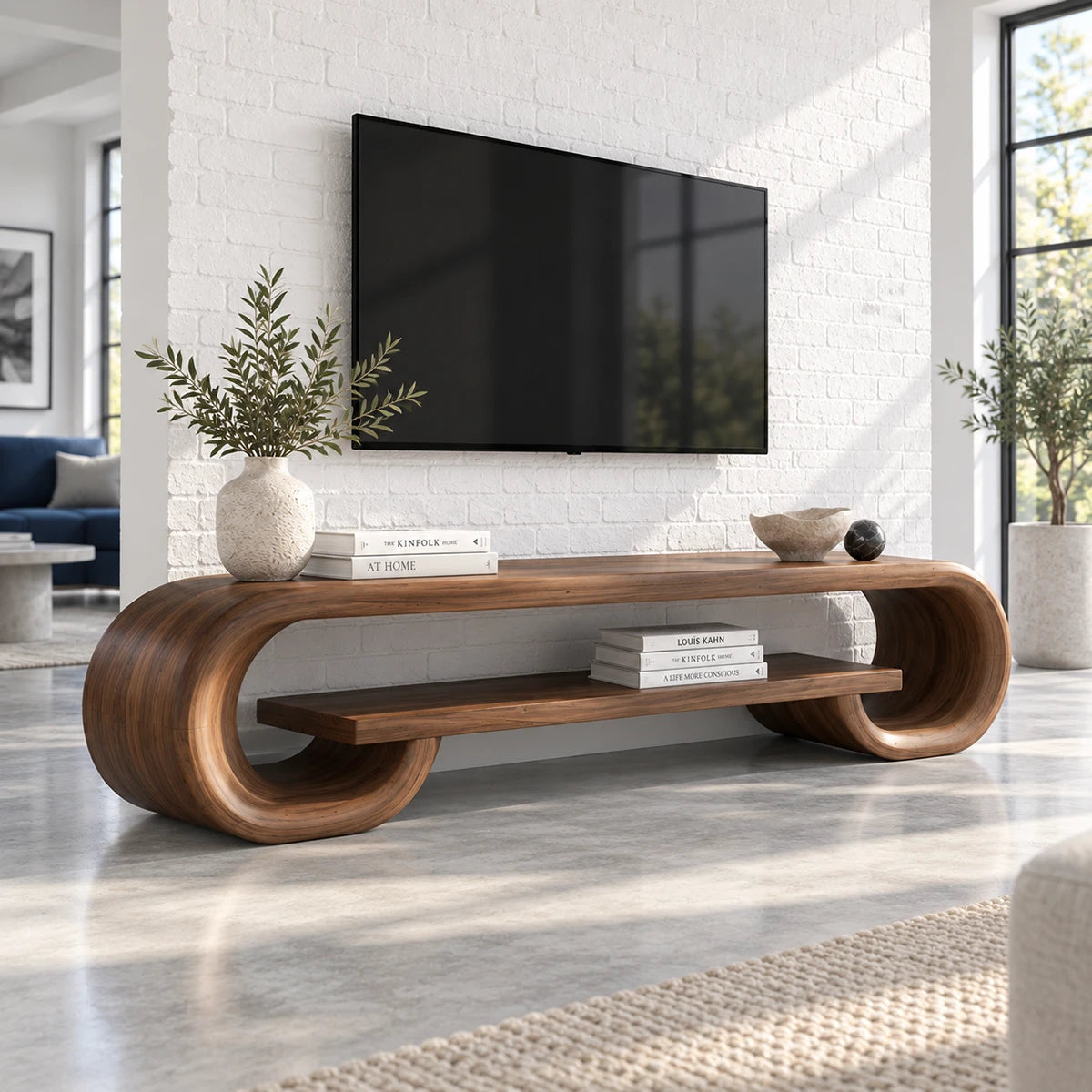 Low profile entertainment center in solid wood with soft curves and shelf storage

