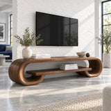 Low profile entertainment center in solid wood with soft curves and shelf storage
