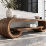 Contemporary TV console table in solid wood with a waterfall silhouette and shelf
