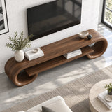 Curved media stand in solid wood with looped legs and an open shelf for decor display
