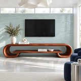 Minimalist TV cabinet in solid wood featuring rounded ends and a lower shelf unit
