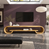 Designer entertainment unit in solid wood with sculpted curves and open storage
