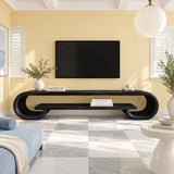 Rounded edge TV stand in solid wood with a wide top and practical shelf below storage
