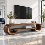 Open shelf media cabinet in solid wood with curved ends and a clean modern form look
