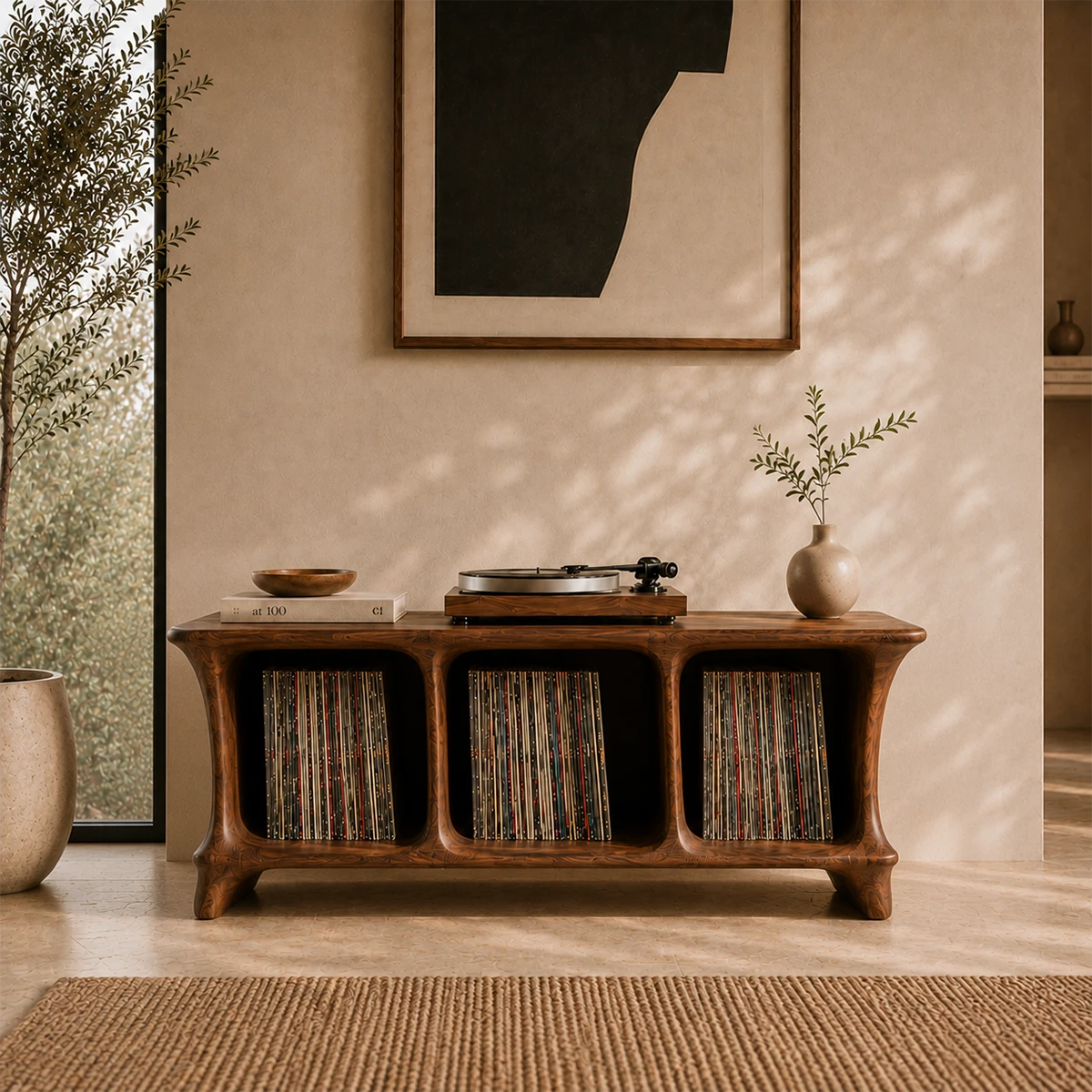 Low Natural Solid Wood Vinyl Record Stand With Three Open Compartments - ArborisWood - 10