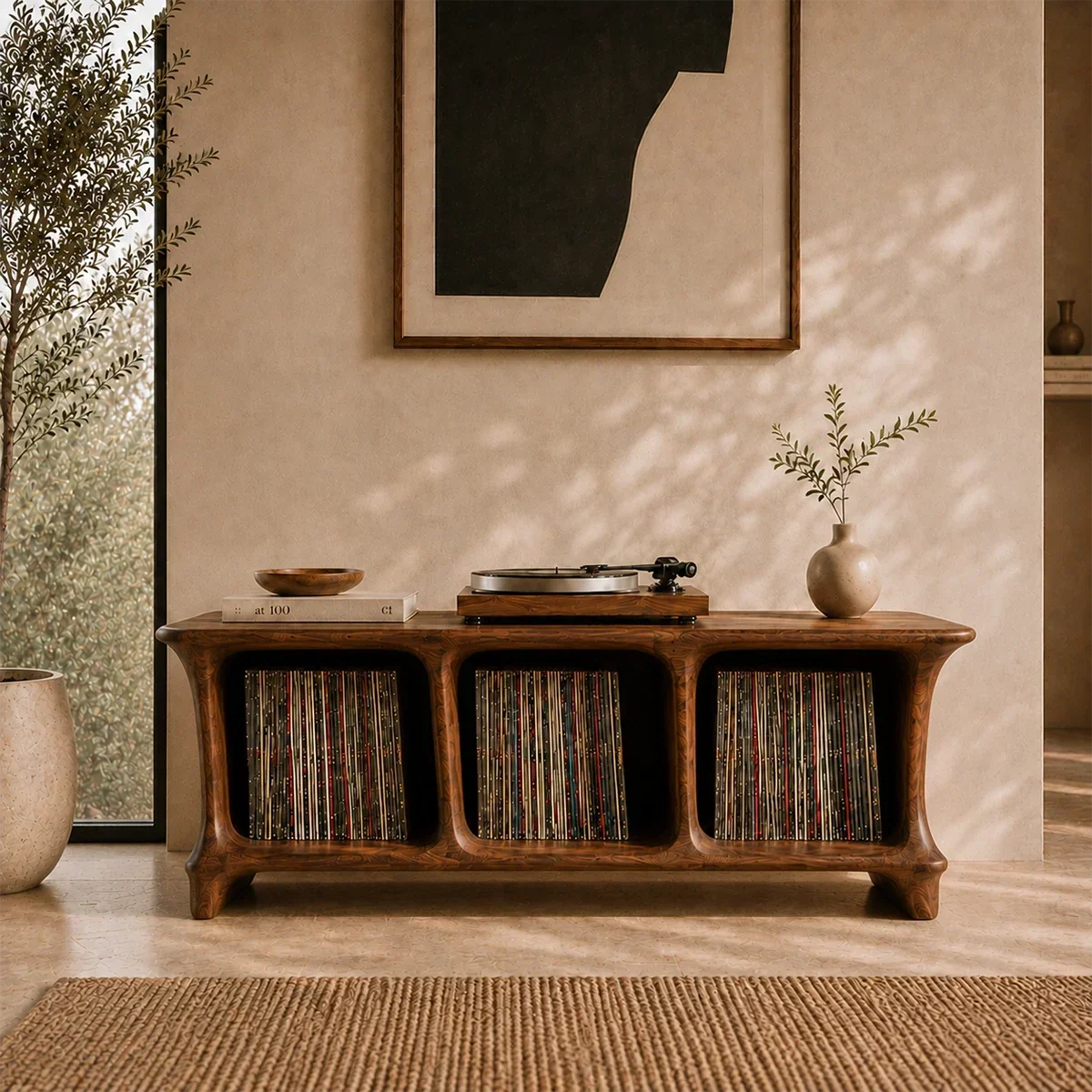 Low Natural Solid Wood Vinyl Record Stand With Three Open Compartments - Arboriswood - 11