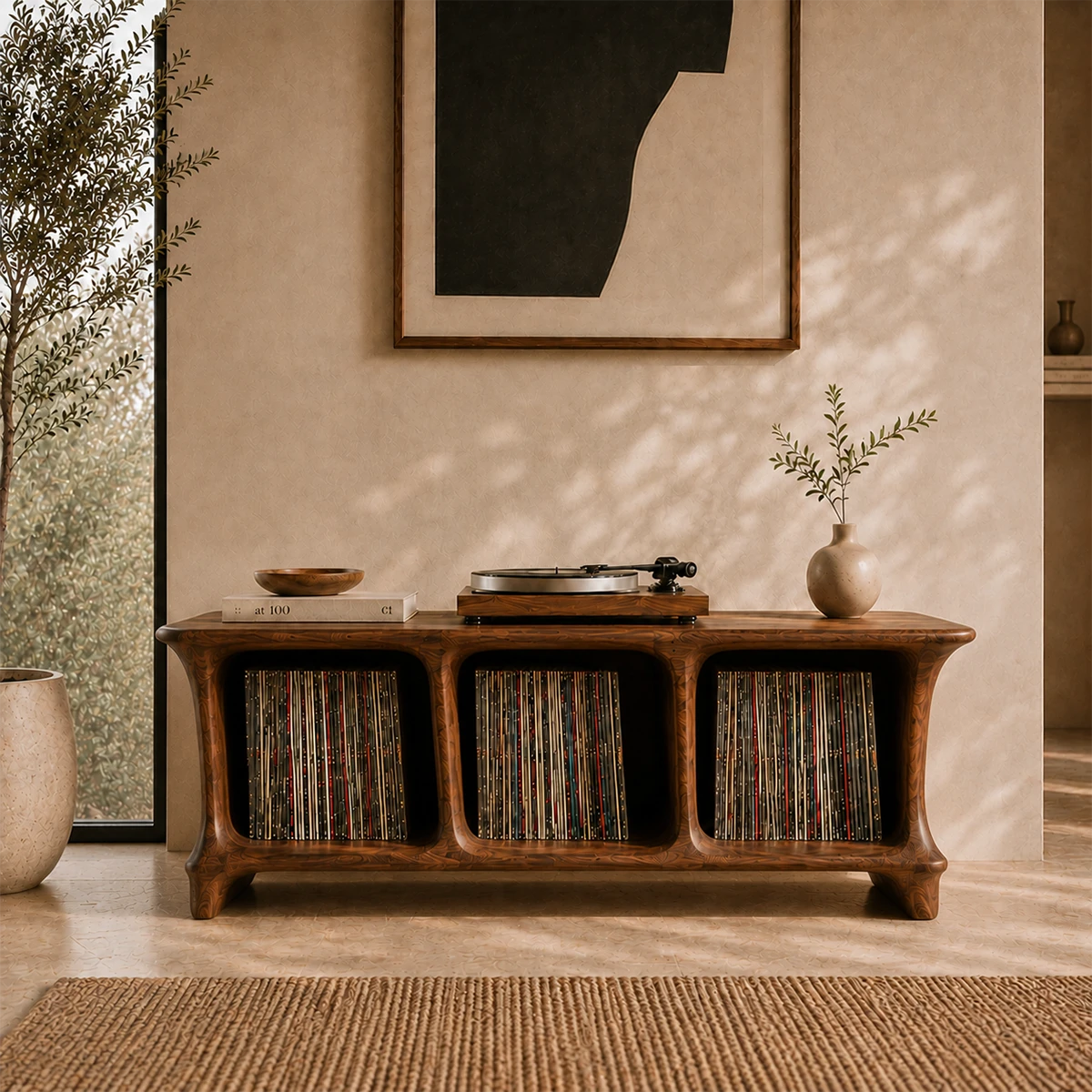 Low Natural Solid Wood Vinyl Record Stand With Three Open Compartments - ArborisWood - 11