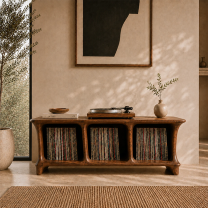 Low Natural Solid Wood Vinyl Record Stand With Three Open Compartments - ArborisWood - 11