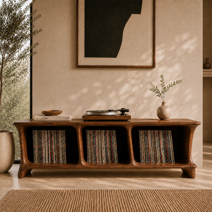 Low Natural Solid Wood Vinyl Record Stand With Three Open Compartments - ArborisWood - 12