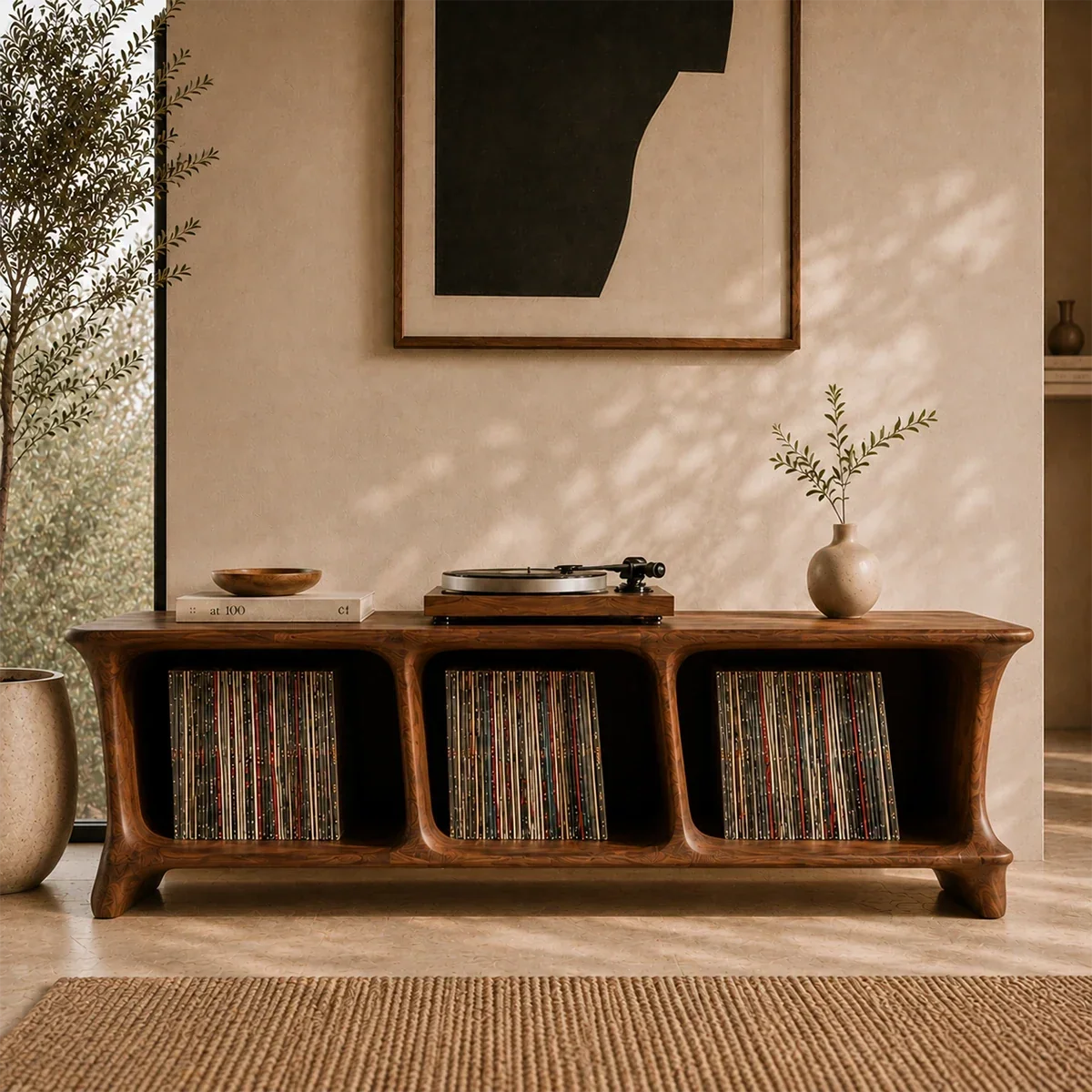 Low Natural Solid Wood Vinyl Record Stand With Three Open Compartments - Arboriswood - 12