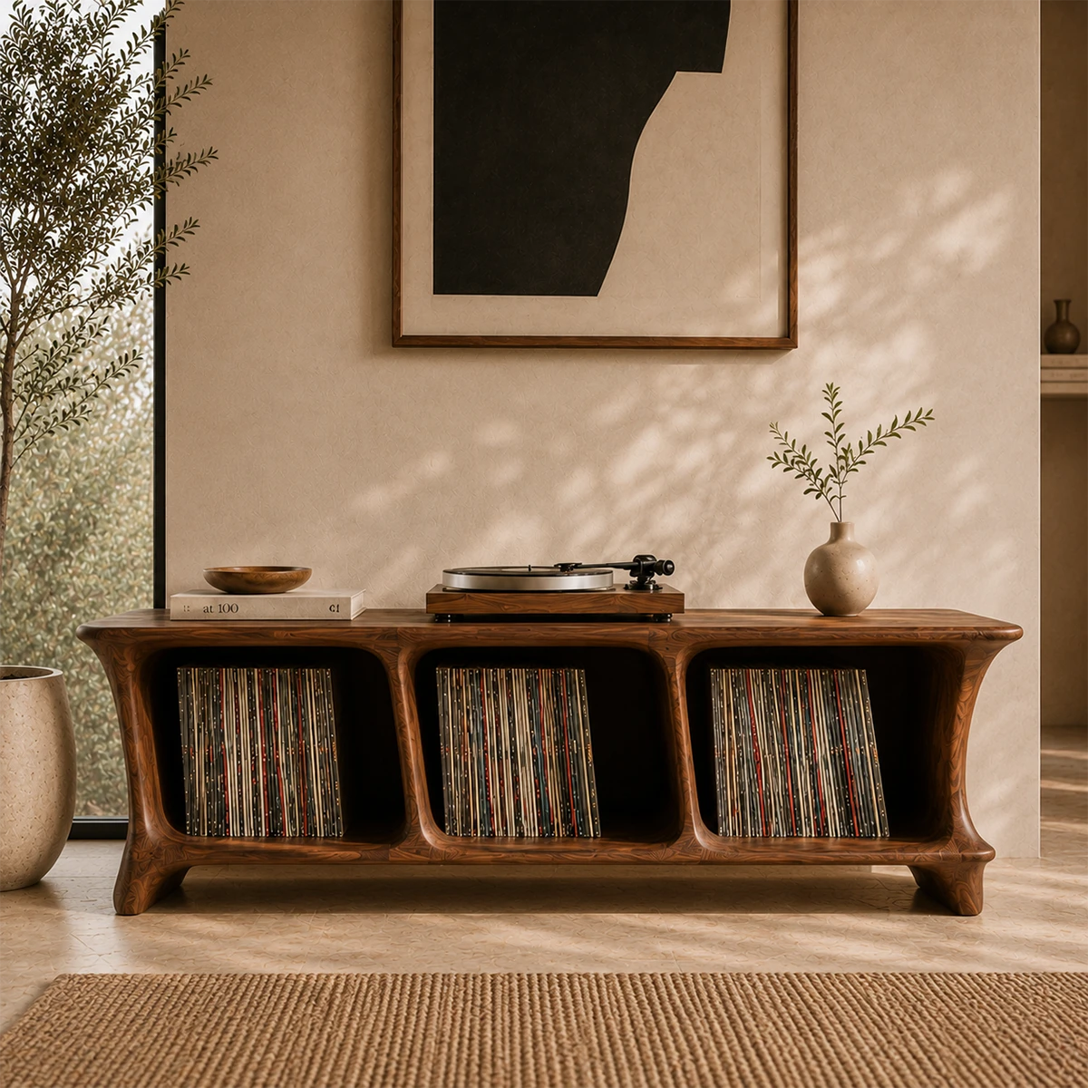 Low Natural Solid Wood Vinyl Record Stand With Three Open Compartments - ArborisWood - 3