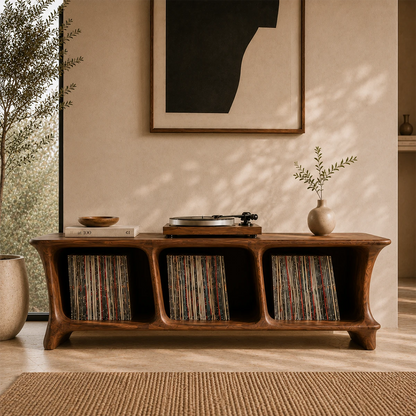 Low Natural Solid Wood Vinyl Record Stand With Three Open Compartments - ArborisWood - 3